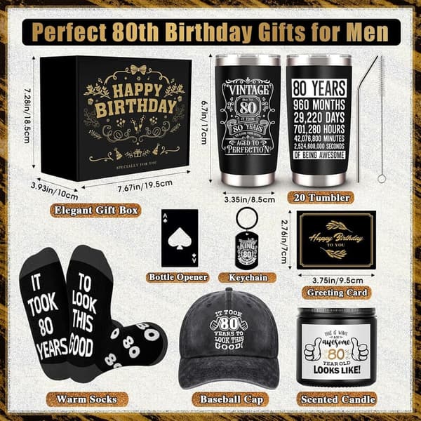 80th Birthday Gift Box for Men with Tumbler, Candle & More