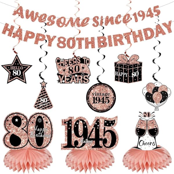 Rose Gold 80th Birthday Decorations Kit for Women