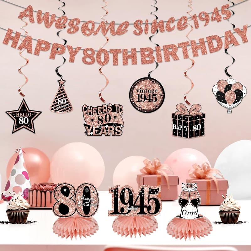 Rose Gold 80th Birthday Decorations Kit for Women