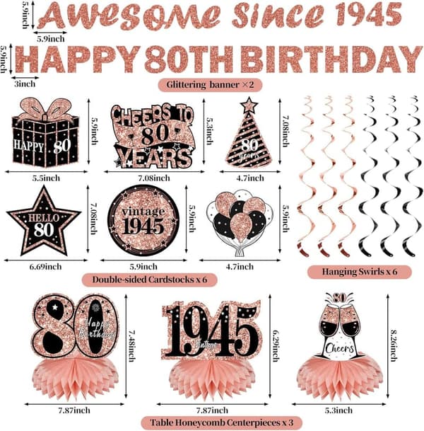 Rose Gold 80th Birthday Decorations Kit for Women