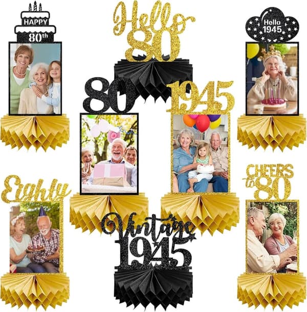 80th Birthday Honeycomb Centerpieces - Black Gold Decor