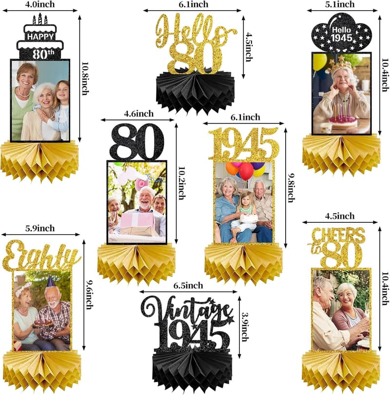 80th Birthday Honeycomb Centerpieces - Black Gold Decor