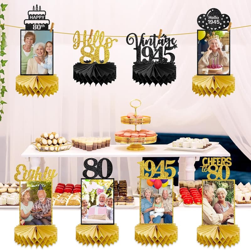80th Birthday Honeycomb Centerpieces - Black Gold Decor
