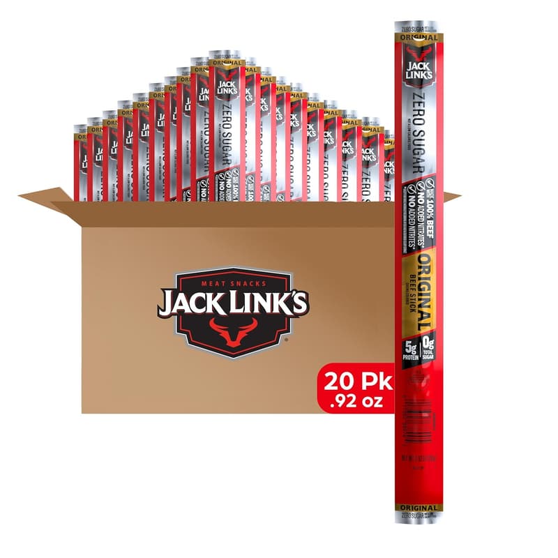 Original Zero Sugar Beef Sticks - 100% Beef Protein Snack, 20 Count