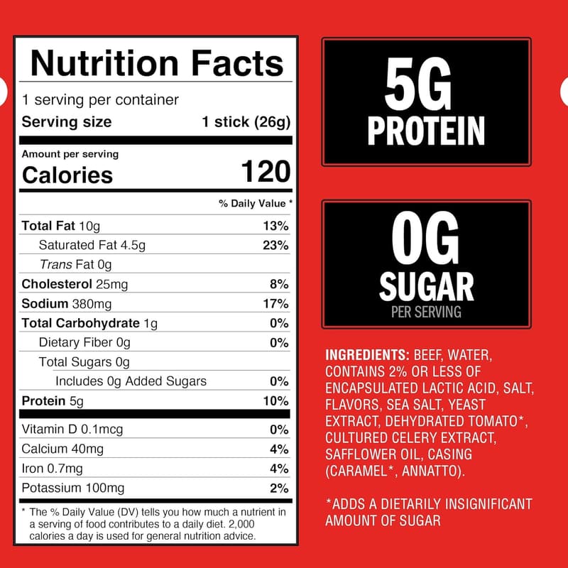 Original Zero Sugar Beef Sticks - 100% Beef Protein Snack, 20 Count