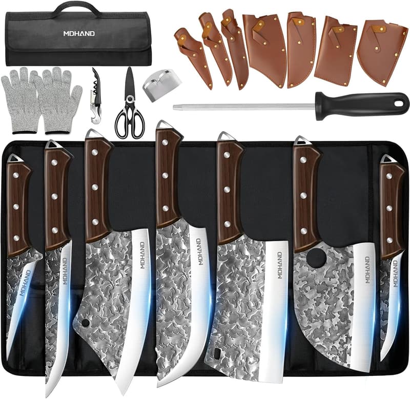 Heavy Duty Butcher Knife Set with Roll Bag - 14PCS