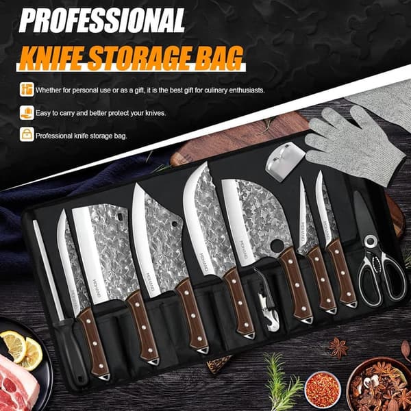 Heavy Duty Butcher Knife Set with Roll Bag - 14PCS