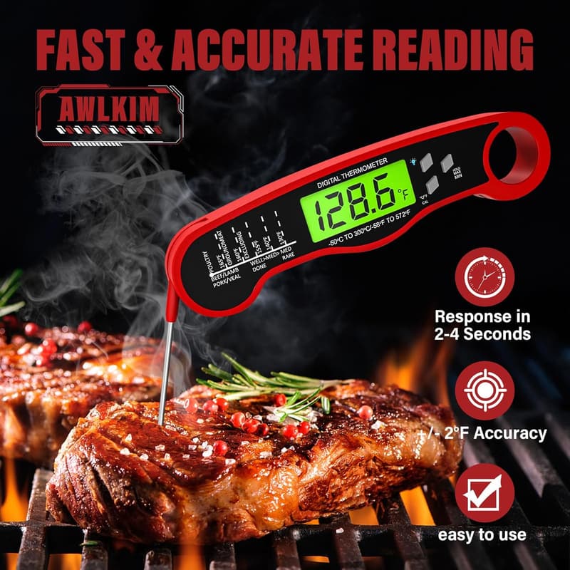 Digital Instant Read Meat Thermometer for Grill & Cooking - Red