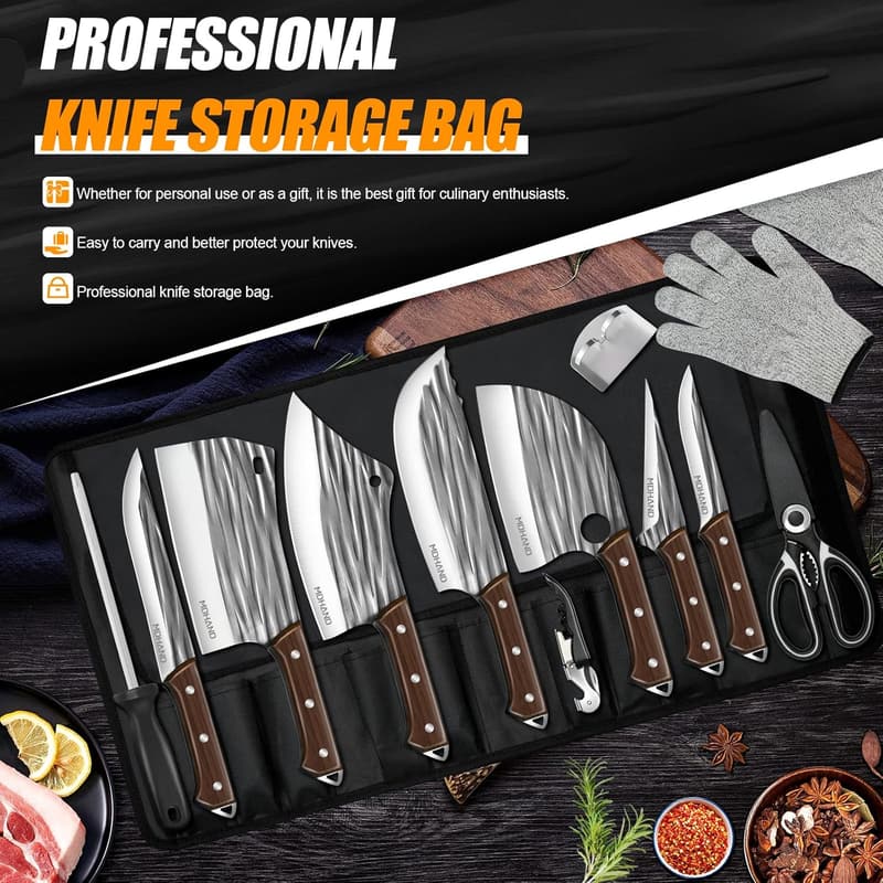 Professional Butcher Knife Set - 14PCS Hand Forged with Roll Bag