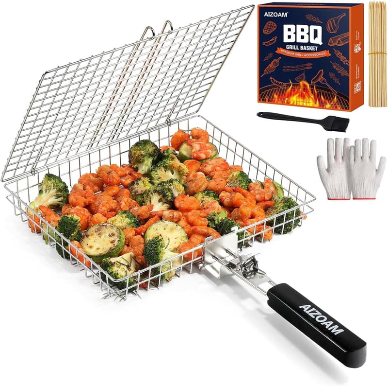 Stainless Steel Grill Basket with Removable Handle for Meat and Vegetables