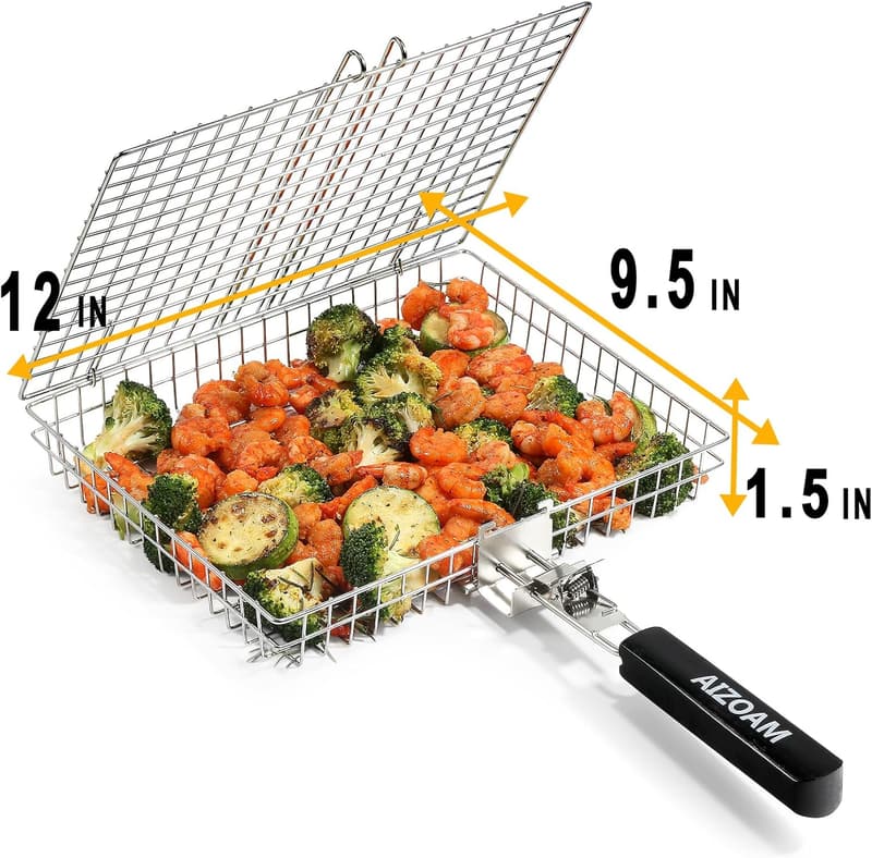 Stainless Steel Grill Basket with Removable Handle for Meat and Vegetables