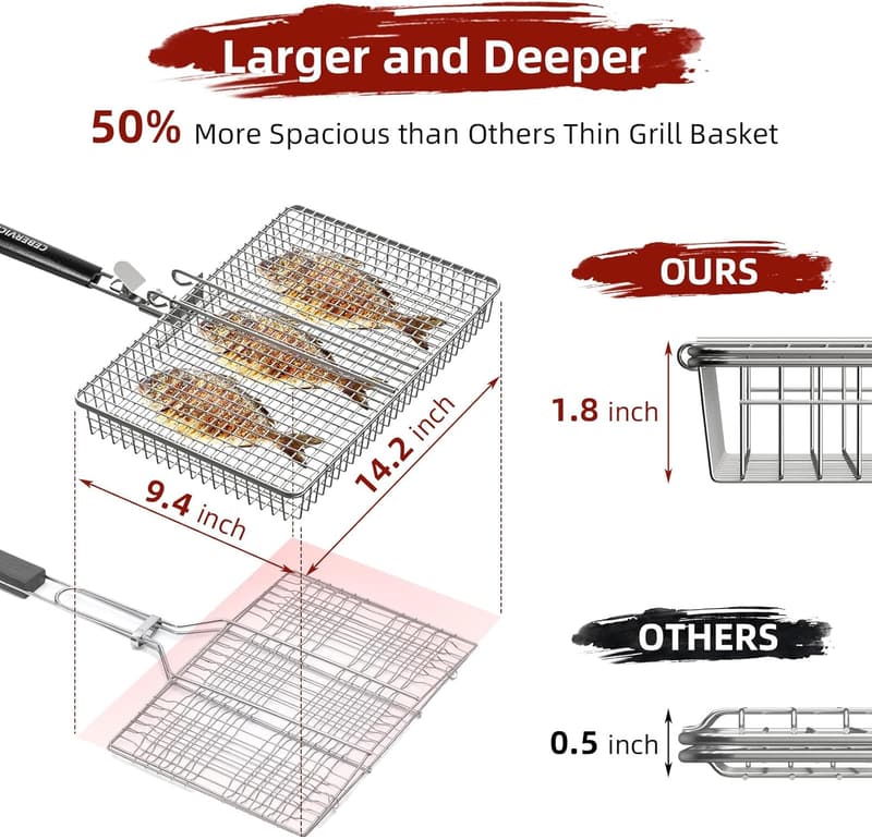 Extra Large Stainless Steel Grill Basket for BBQ & Camping