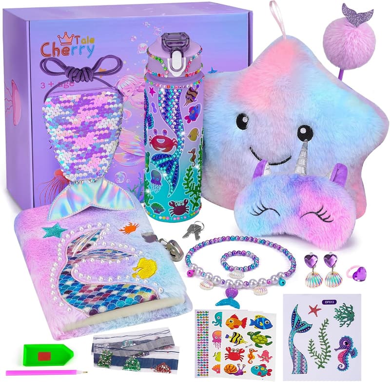 Mermaid Birthday Gift Set for Girls 4-10 with Light-Up Pillow & DIY Kits
