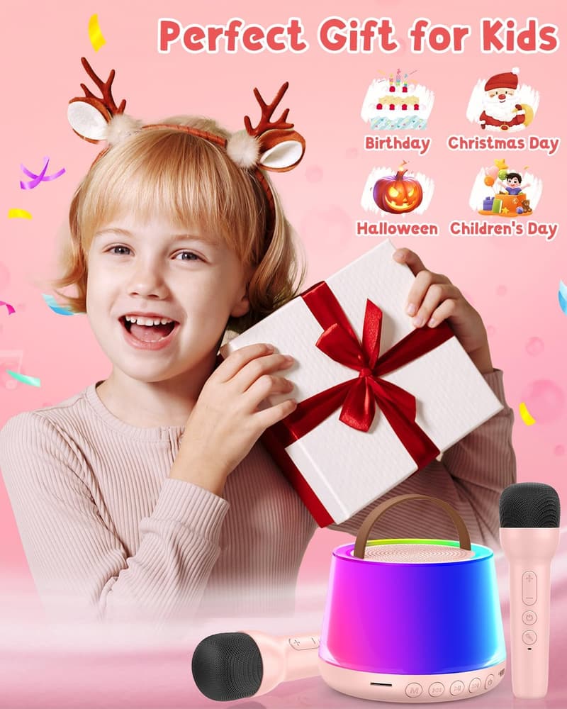 Birthday Karaoke Machine for Kids - Portable Bluetooth Speaker with 2 Microphones and LED Light