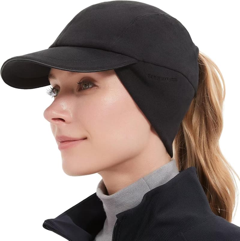 Winter Reflective Fleece Ponytail Hat with Ear Warmer for Women