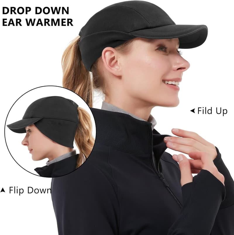 Winter Reflective Fleece Ponytail Hat with Ear Warmer for Women