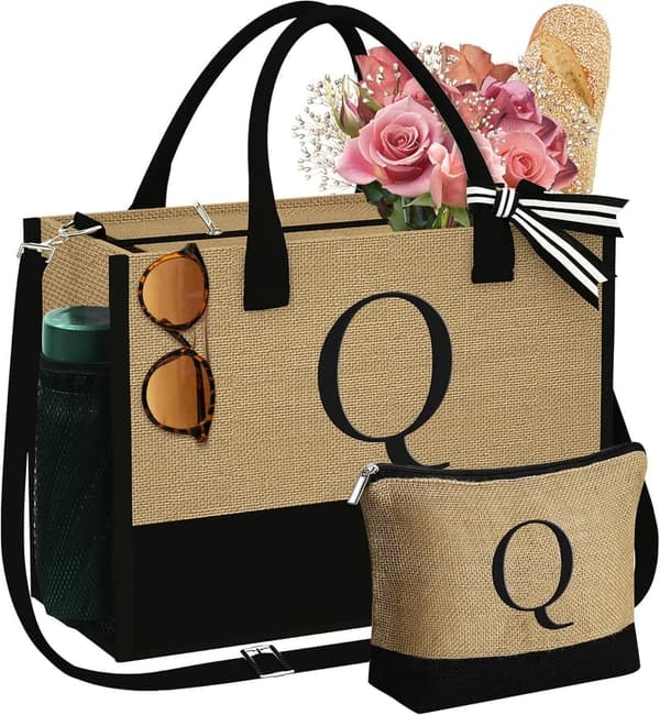 Personalized Initial Jute Tote & Makeup Bag for Women’s Birthday