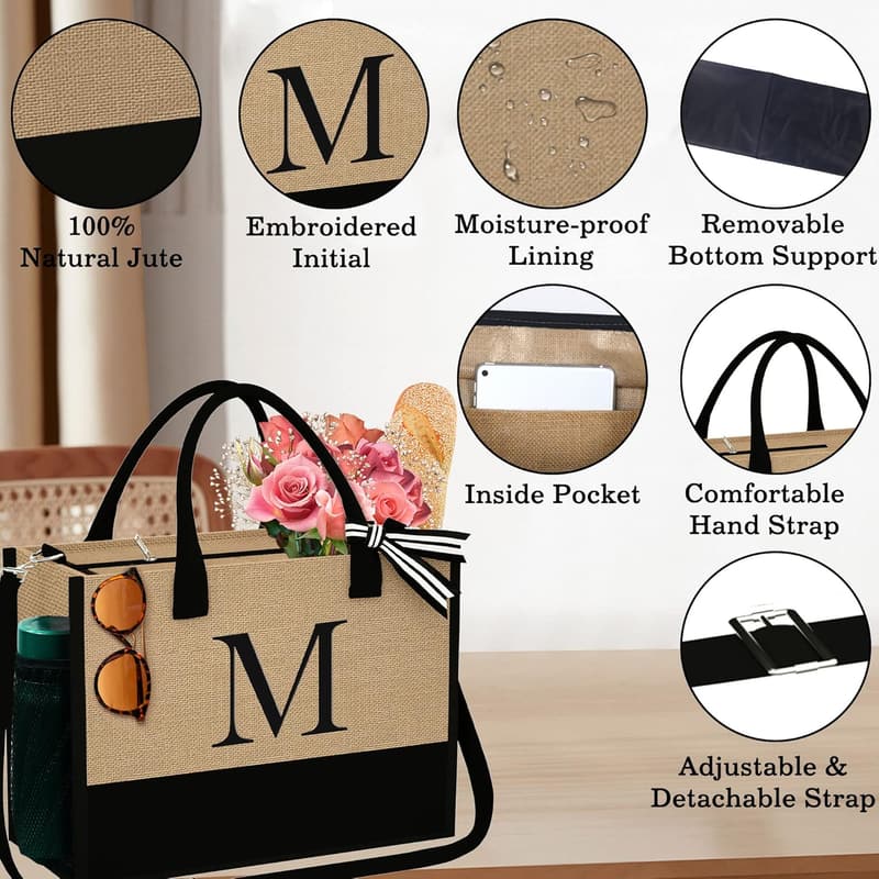 Personalized Initial Jute Tote & Makeup Bag for Women’s Birthday