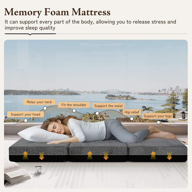 Portable Tri-Fold Memory Foam Mattress for Travel & Camping