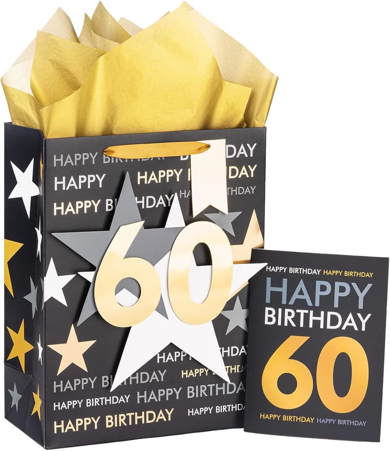 60th Birthday Gift Bag with Tissue Paper and Card - Black Gold