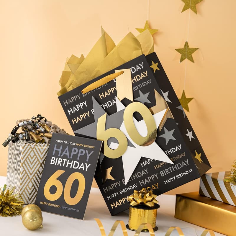 60th Birthday Gift Bag with Tissue Paper and Card - Black Gold