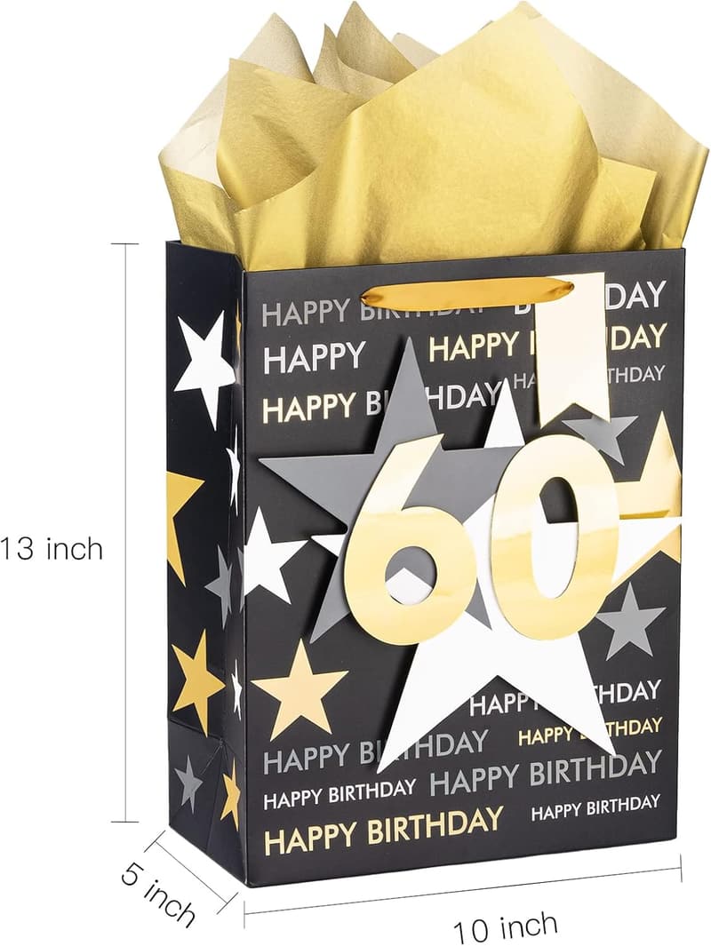 60th Birthday Gift Bag with Tissue Paper and Card - Black Gold