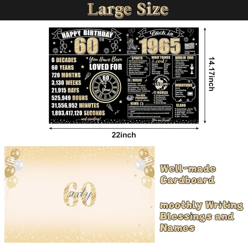 60th Birthday Card with Envelope, Vintage 1965 Design