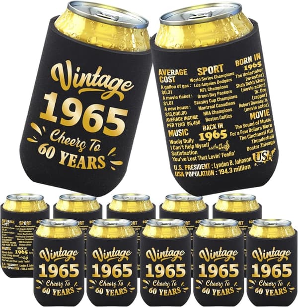 60th Birthday Party Can Cooler Sleeves - Black & Gold, Set of 12