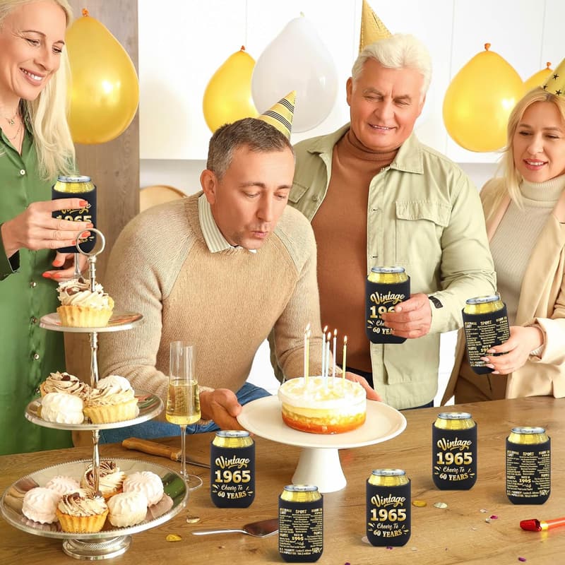 60th Birthday Party Can Cooler Sleeves - Black & Gold, Set of 12