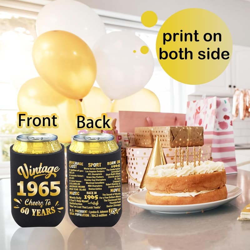 60th Birthday Party Can Cooler Sleeves - Black & Gold, Set of 12