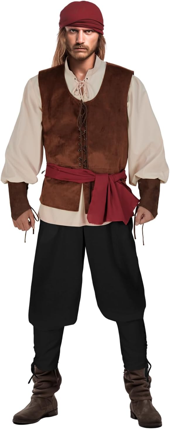 Men's Pirate Costume Set - 5 Pcs Medieval Renaissance for Halloween