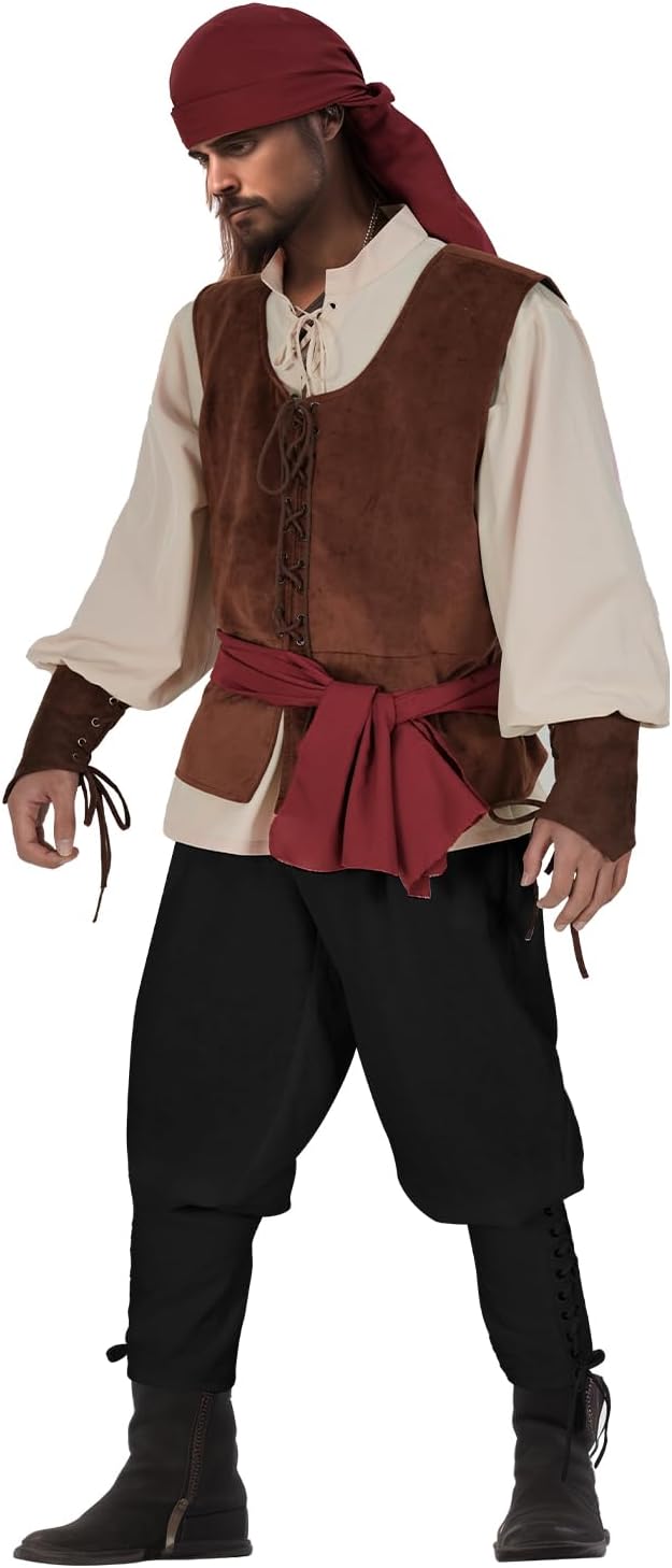 Men's Pirate Costume Set - 5 Pcs Medieval Renaissance for Halloween