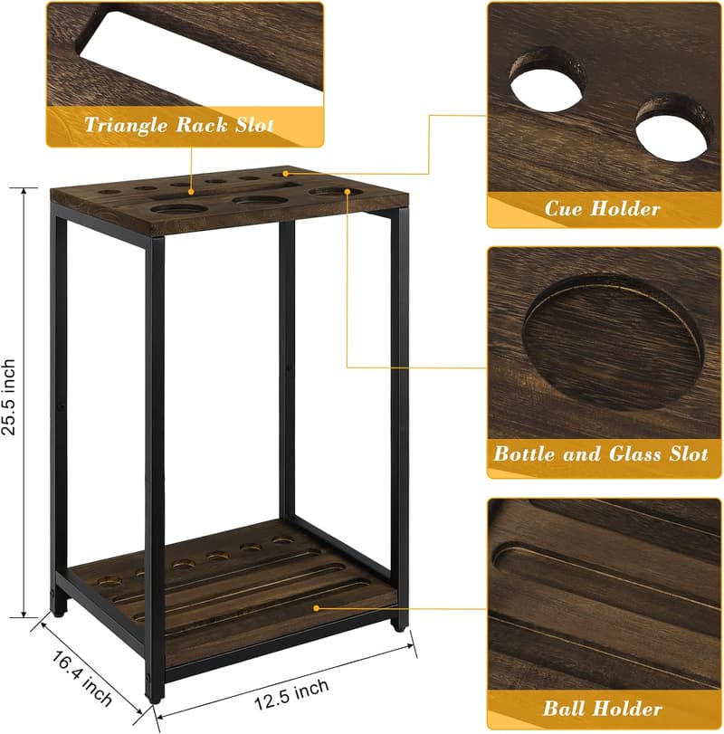 Billiard Cue Rack - Wooden Stand for 6 Cues, Deep Brown