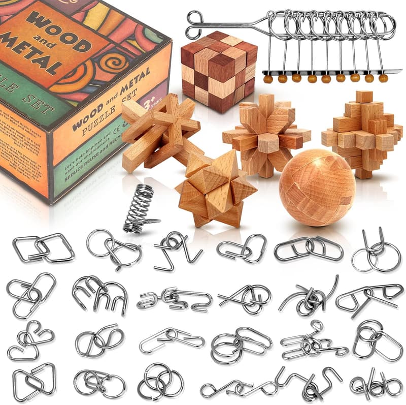 32-Pack Wooden & Metal Brain Teaser Puzzles - Fun Party Favors
