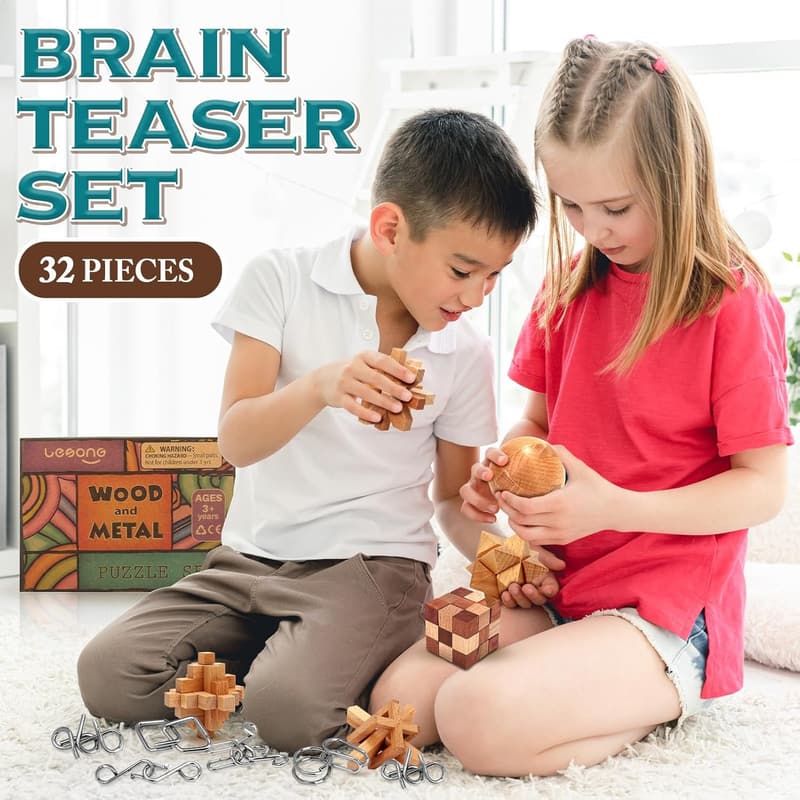 32-Pack Wooden & Metal Brain Teaser Puzzles - Fun Party Favors