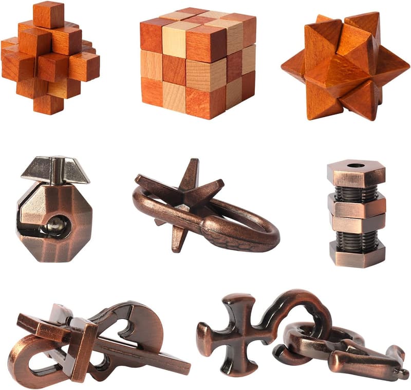 Wooden and Metal Brain Teaser Puzzles Set for Kids and Adults