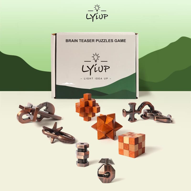 Wooden and Metal Brain Teaser Puzzles Set for Kids and Adults