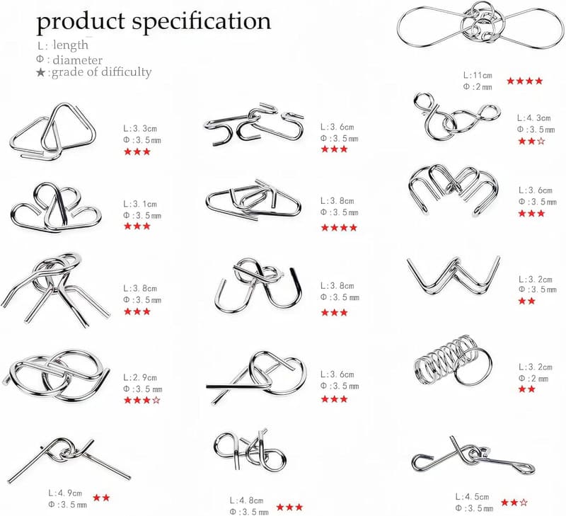 Brain Teaser Metal Wire Puzzle Set of 24 with Pouch