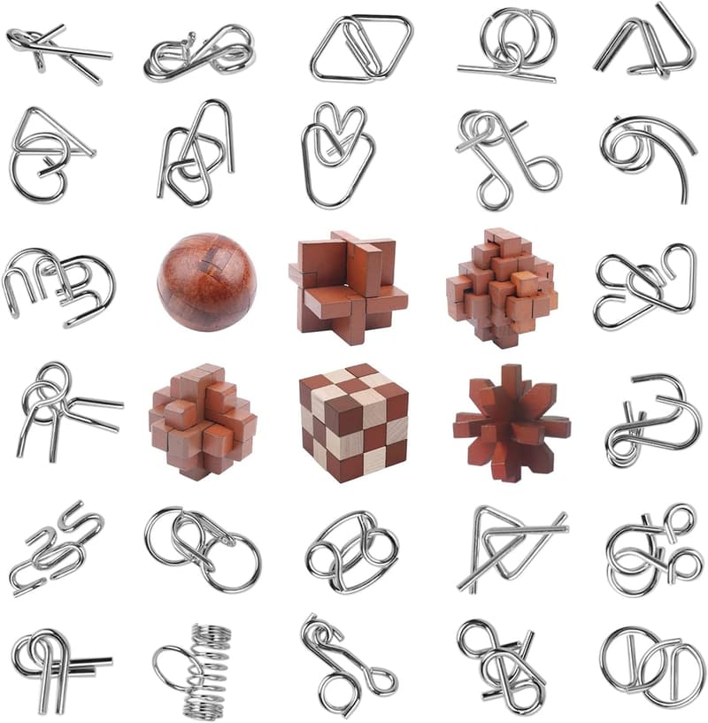 30pcs Wooden & Metal Brain Teaser Puzzles for Family Fun