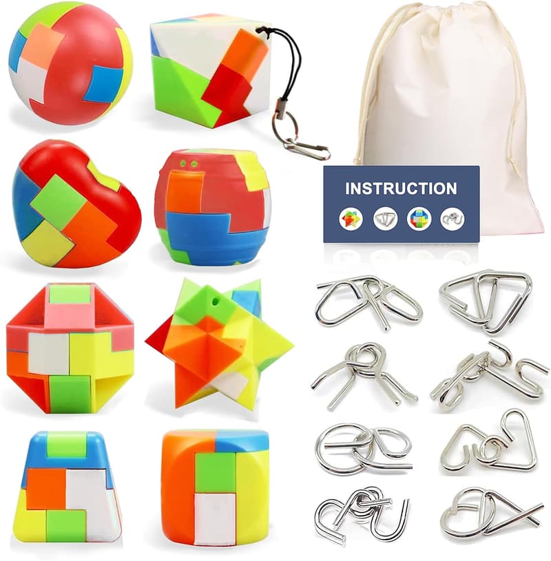 16-Piece Metal Brain Teasers Puzzle Set for Kids & Adults