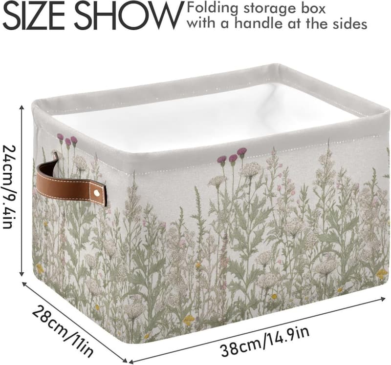 Colorful Floral Collapsible Storage Basket with Leather Handles