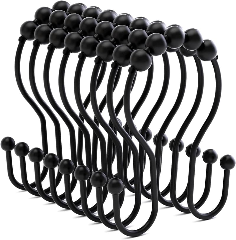 Rustproof Black Shower Curtain Hooks - Smooth Metal Rings