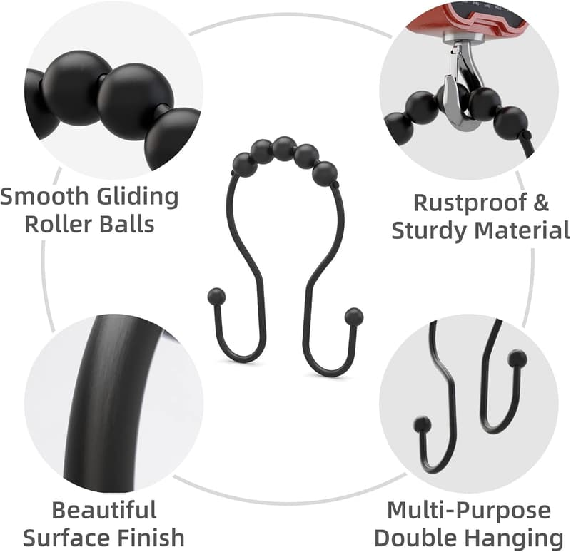 Rustproof Black Shower Curtain Hooks - Smooth Metal Rings