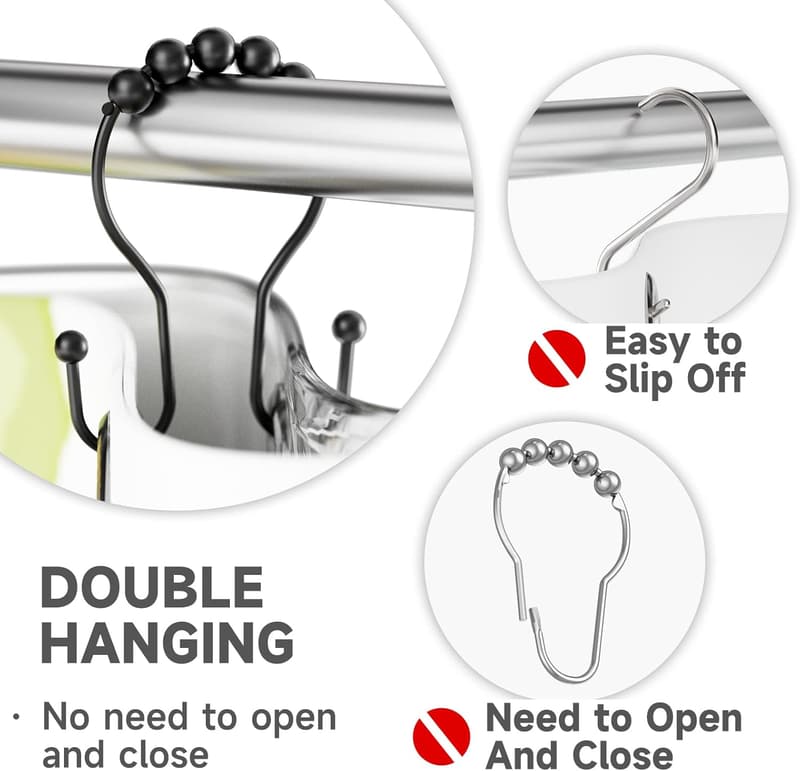 Rustproof Black Shower Curtain Hooks - Smooth Metal Rings