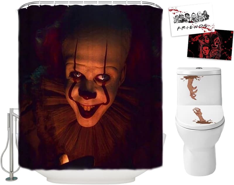 Halloween Pennywise Clown Shower Curtain Set with Hooks, 72x72