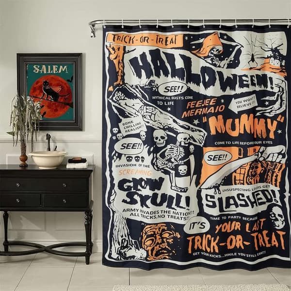 Spooky Halloween Shower Curtain Set with Hooks, Vintage Skull Design