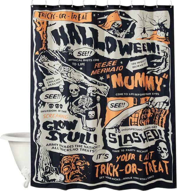 Spooky Halloween Shower Curtain Set with Hooks, Vintage Skull Design