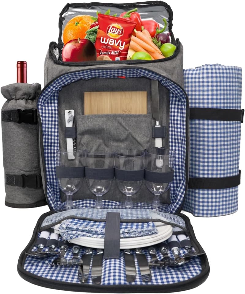 Insulated Picnic Backpack with Wine Cooler & Dinnerware Set for 4