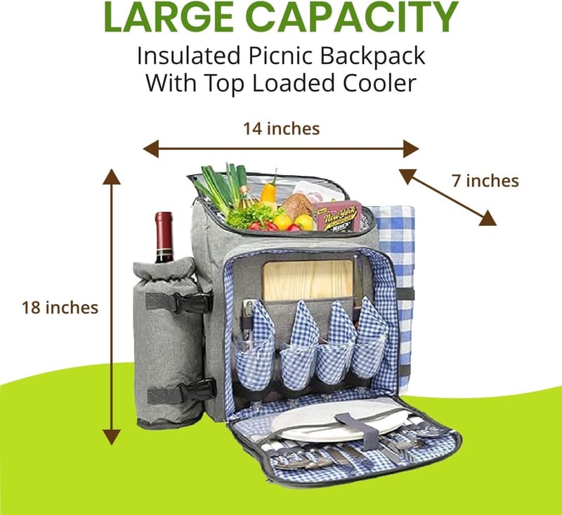 Insulated Picnic Backpack with Wine Cooler & Dinnerware Set for 4