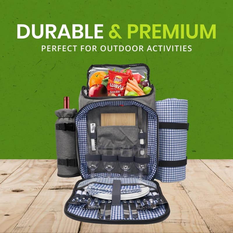 Insulated Picnic Backpack with Wine Cooler & Dinnerware Set for 4